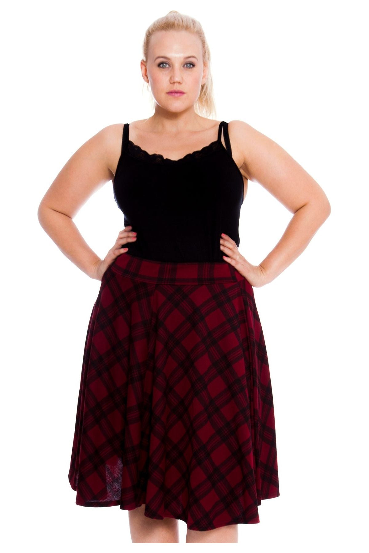 Tartan Elastic Waist Skirt – Flared Skater Style Skirt WearAll Wine 14