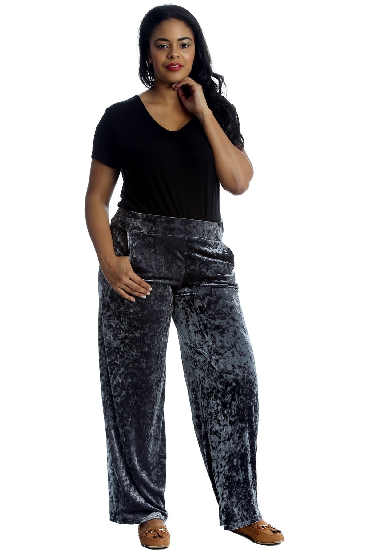 Velour Velvet Wide Flared Leg Pocket Palazzo Palazzo WearAll