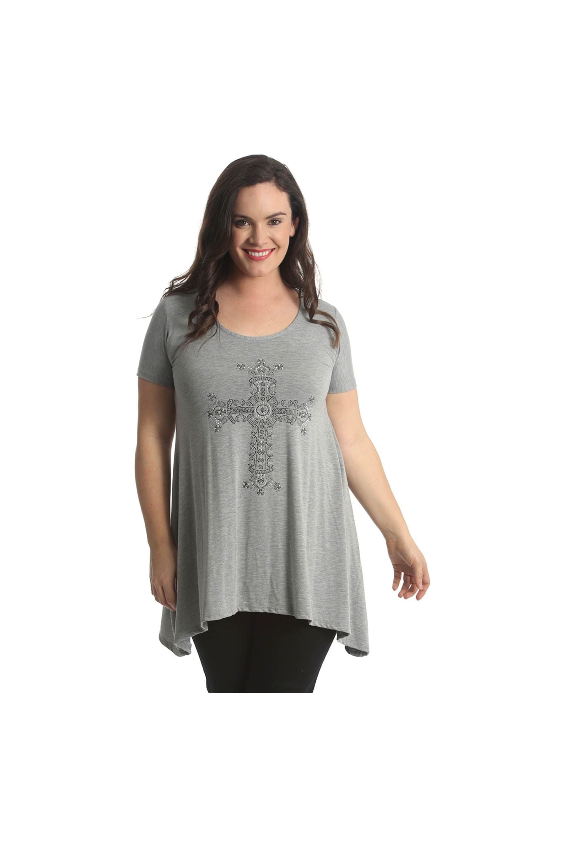 Crown Cross Stud Hanky Hem Short Sleeve Top Tops WearAll Silver Grey 16