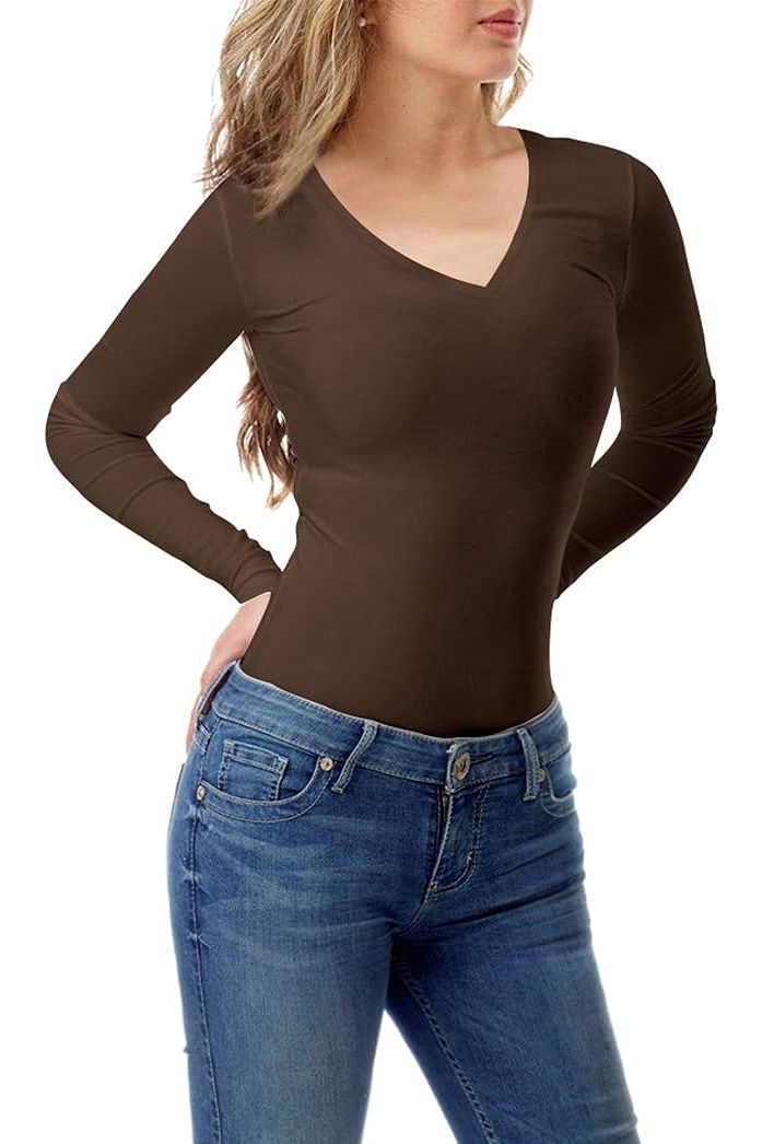 Plus Size Long Sleeve V Neck Top Tops WearAll Brown 16-18