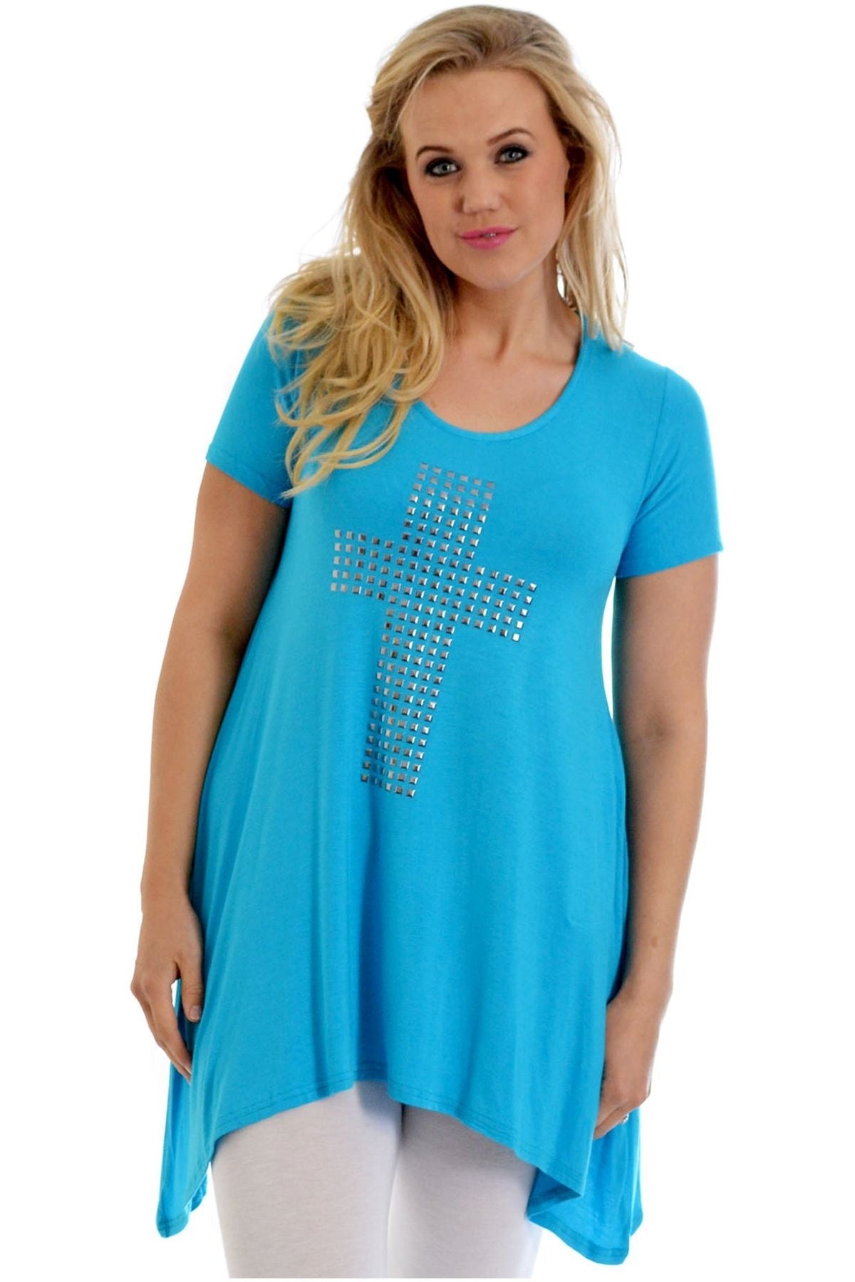 Cross Metallic Stud Hanky Hem Short Sleeve Top Apparel & Accessories WearAll Turquoise 14