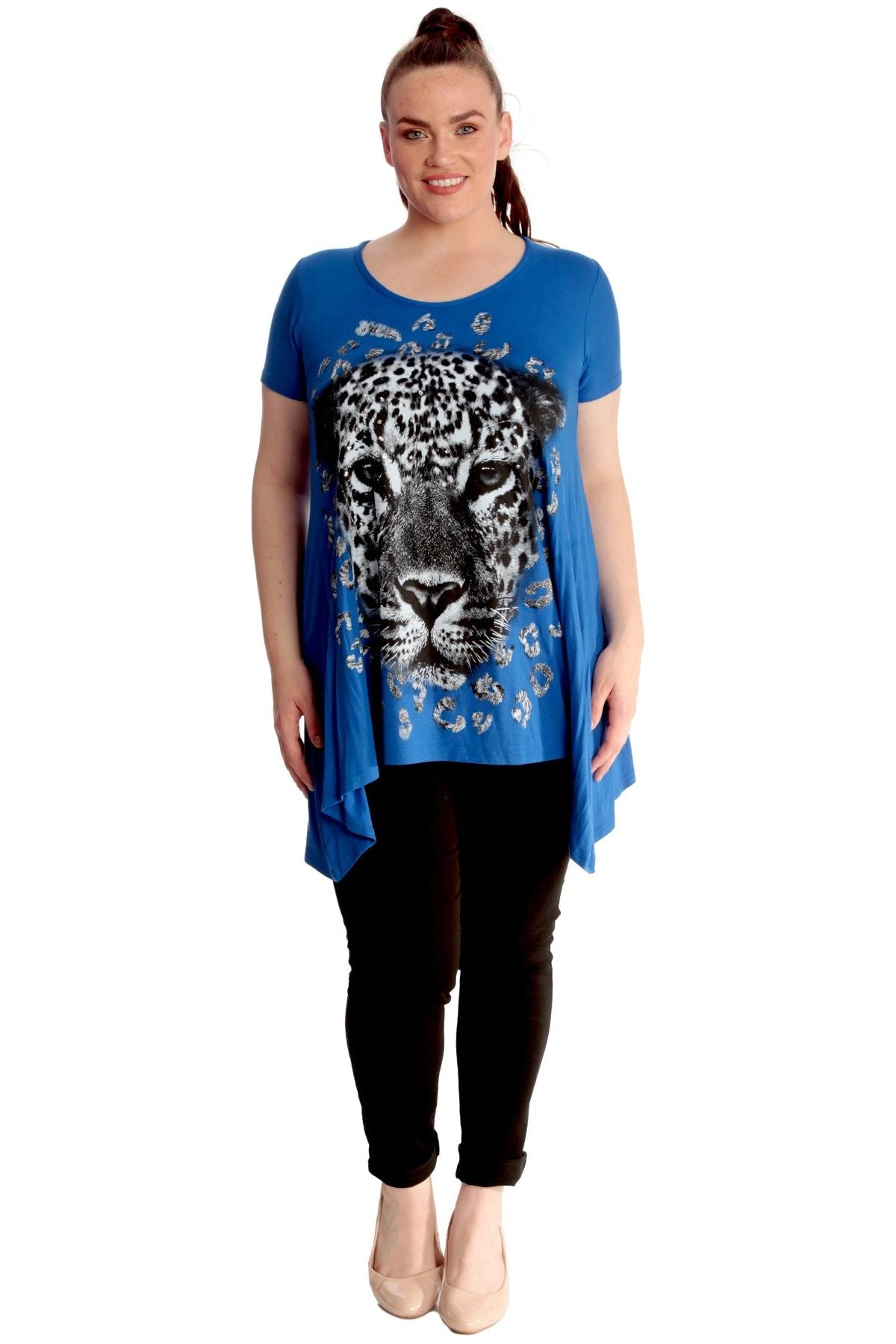 Leopard Print Hanky Hem Short Sleeve Top