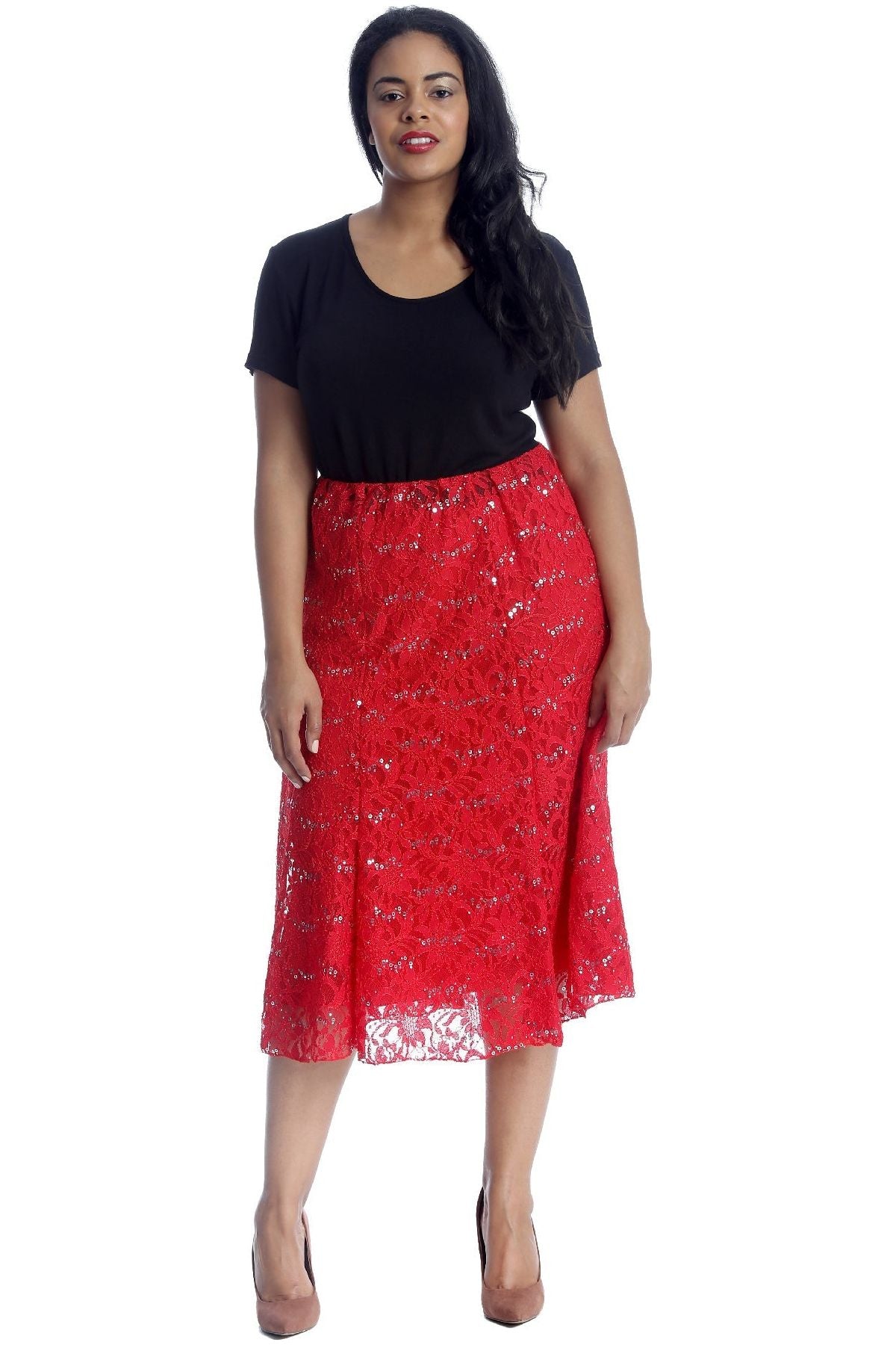 Floral Lace Lined Sequin Flared Midi Skirt Skirt WearAll