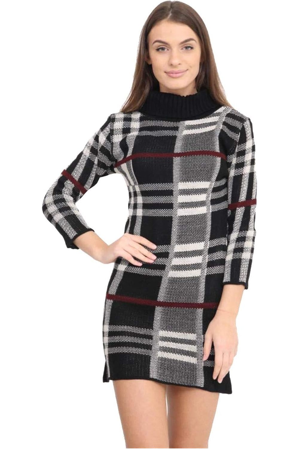 Plus Size Polo High Neck Check Print Jumper Dress Dress WearAll Check Black 16-18