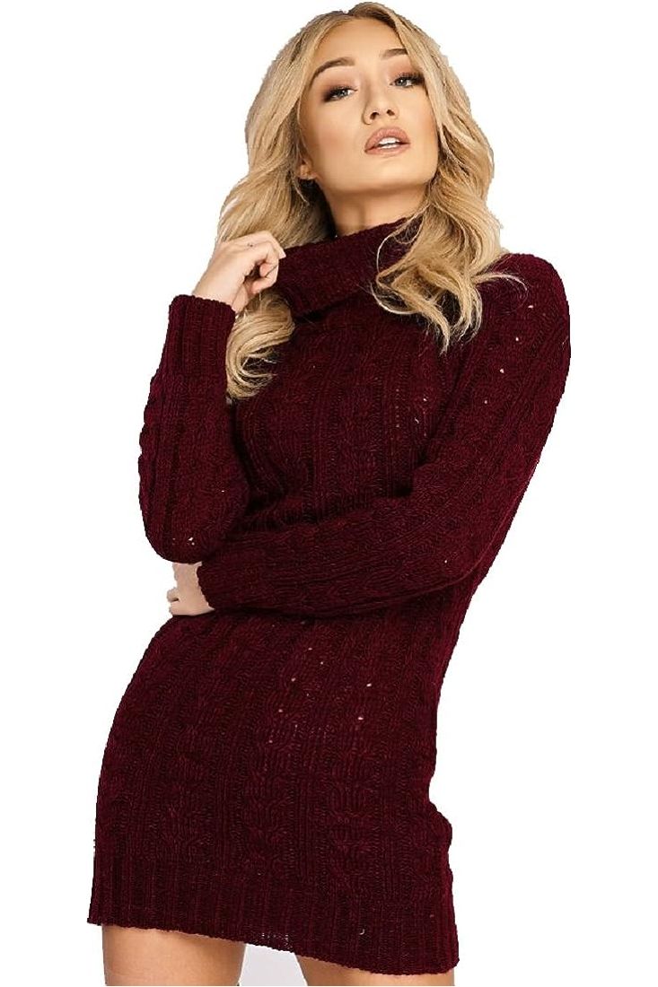 Plus Size Polo High Neck Cable Knitted Jumper Dress Dress WearAll Wine 16-18