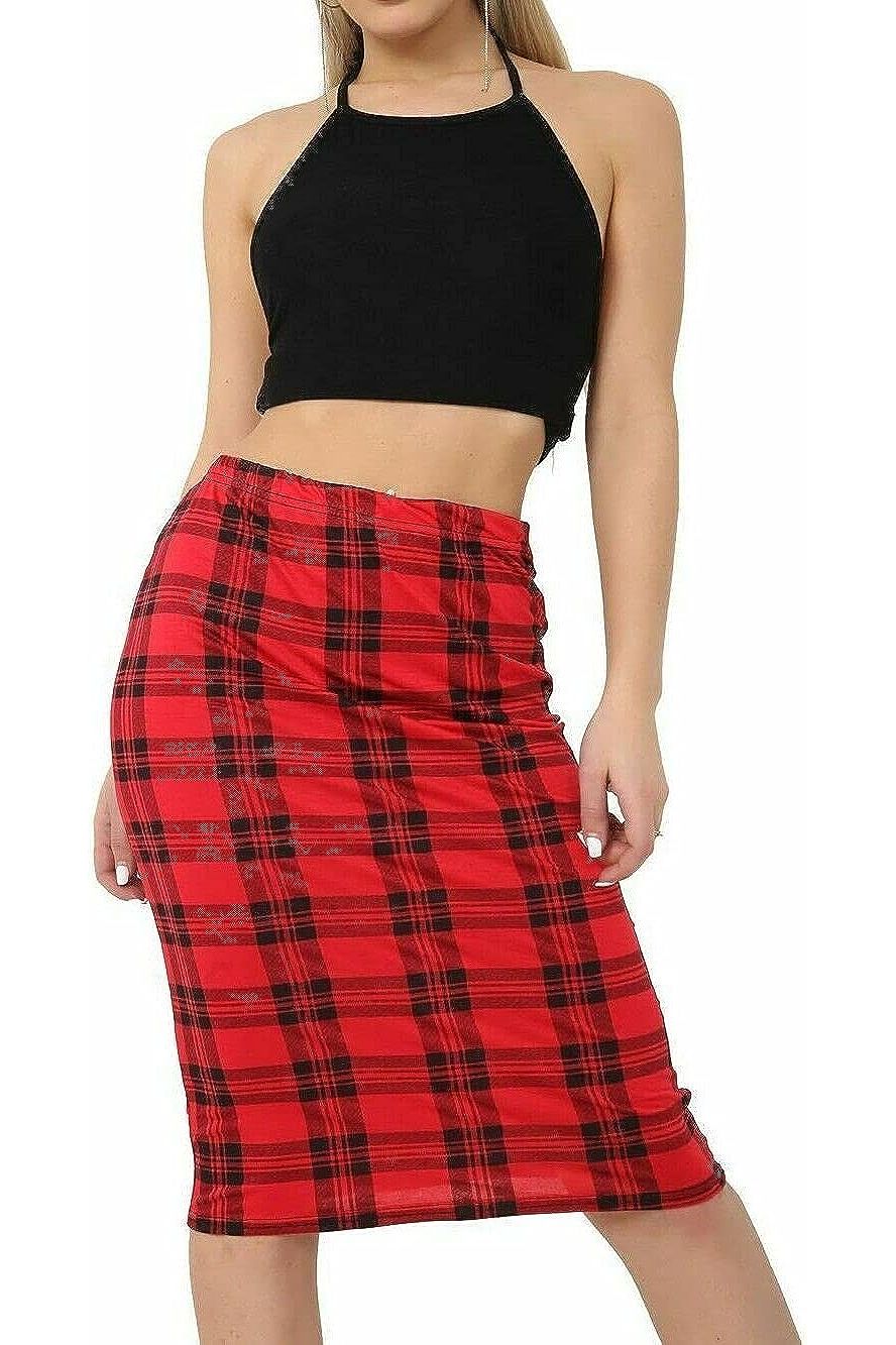Tartan Check Print Midi Skirt Skirt WearAll Tartan Red 8-10