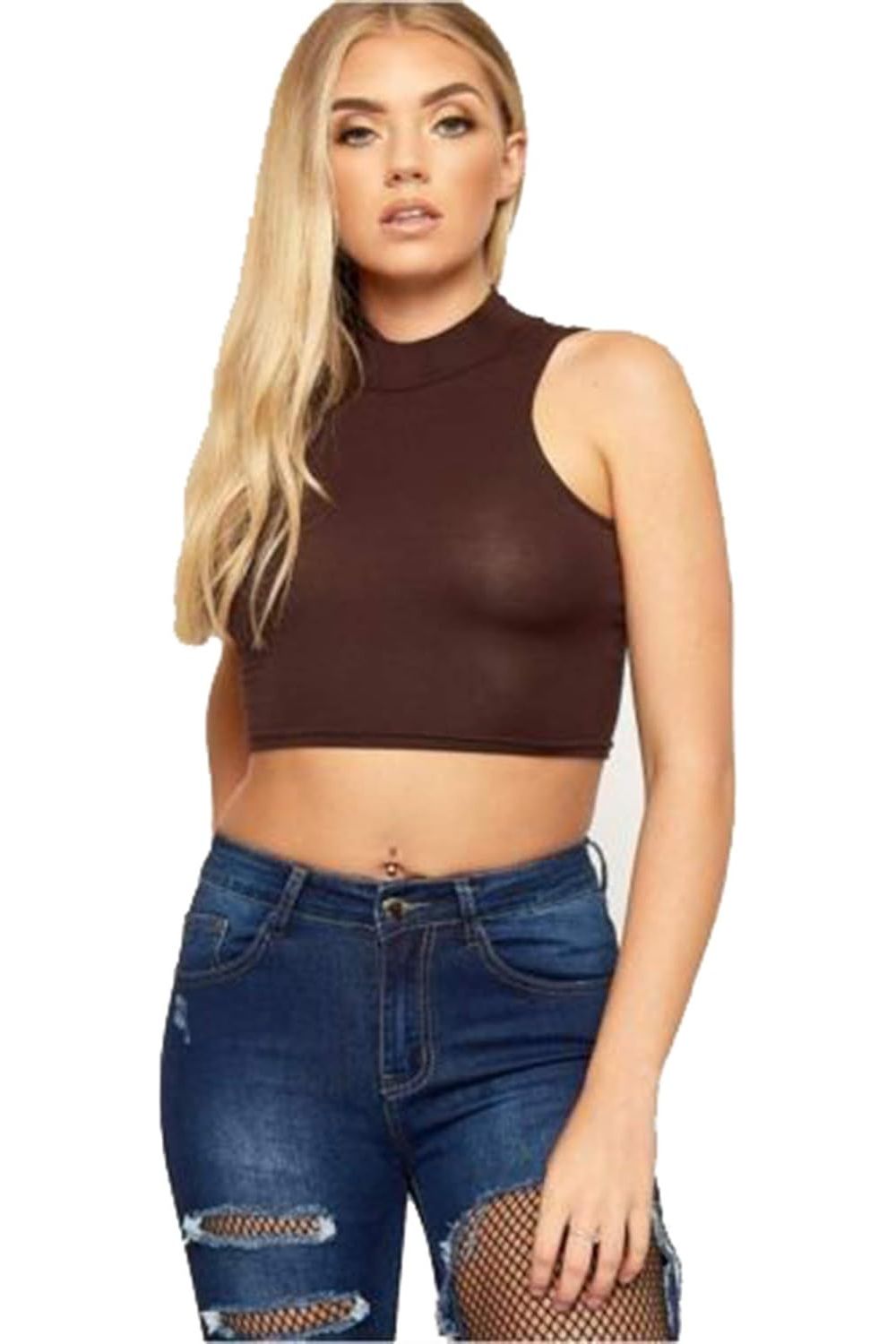 Turtle Neck Sleeveless Crop Top Tops WearAll Dark Brown 8-10