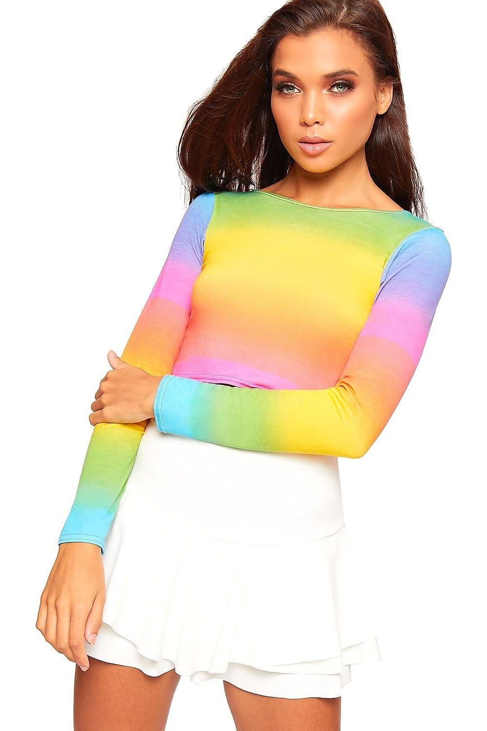 Long Sleeve Printed Crop Top - Rainbow, Animal, Letters prints Tops WearAll Rianbow 8-10