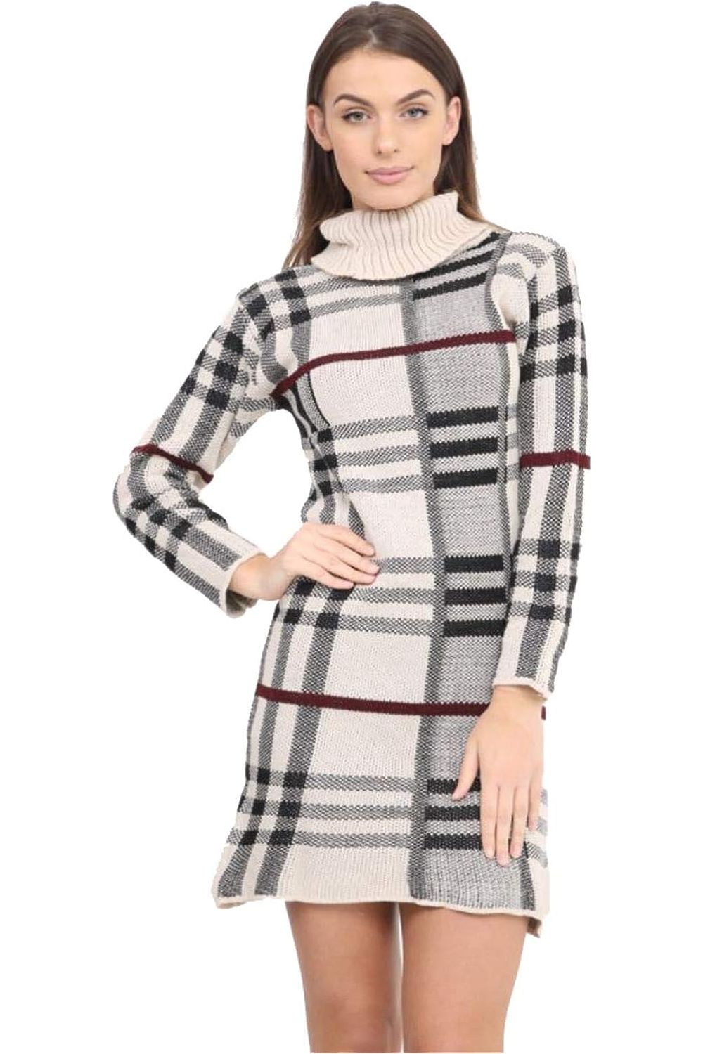Plus Size Polo High Neck Check Print Jumper Dress Dress WearAll Check Stone 16-18