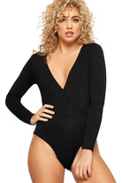 Wrap Over V Neck Plunge Long Sleeve Bodysuit Bodysuit WearAll Black 12-14