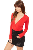 Wrap Over V Neck Plunge Long Sleeve Bodysuit Bodysuit WearAll