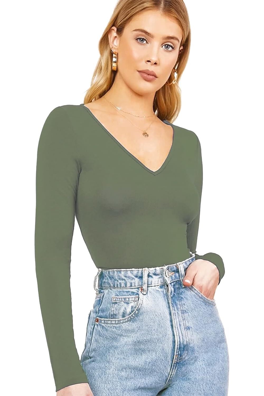 Plus Size Long Sleeve V Neck Top Tops WearAll Khaki 16-18