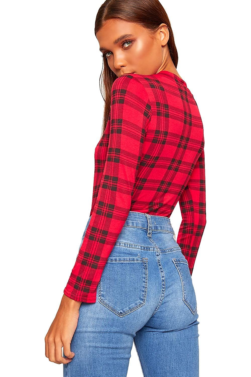 Plus Size Long Sleeve Bodysuit Turtle Neck Red Tartan Bodysuit WearAll