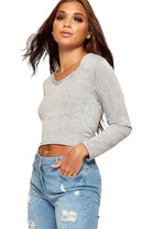 V Neck Long Sleeve Crop Top Tops WearAll