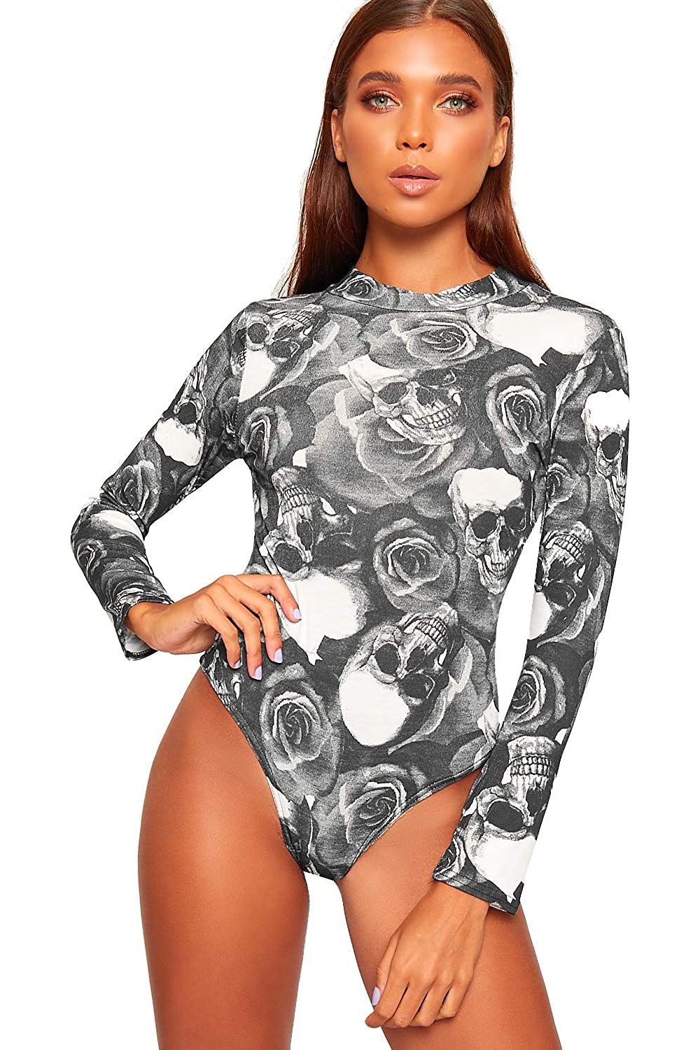 Plus Size Long Sleeve Bodysuit Turtle Neck Skull And Roses Bodysuit WearAll