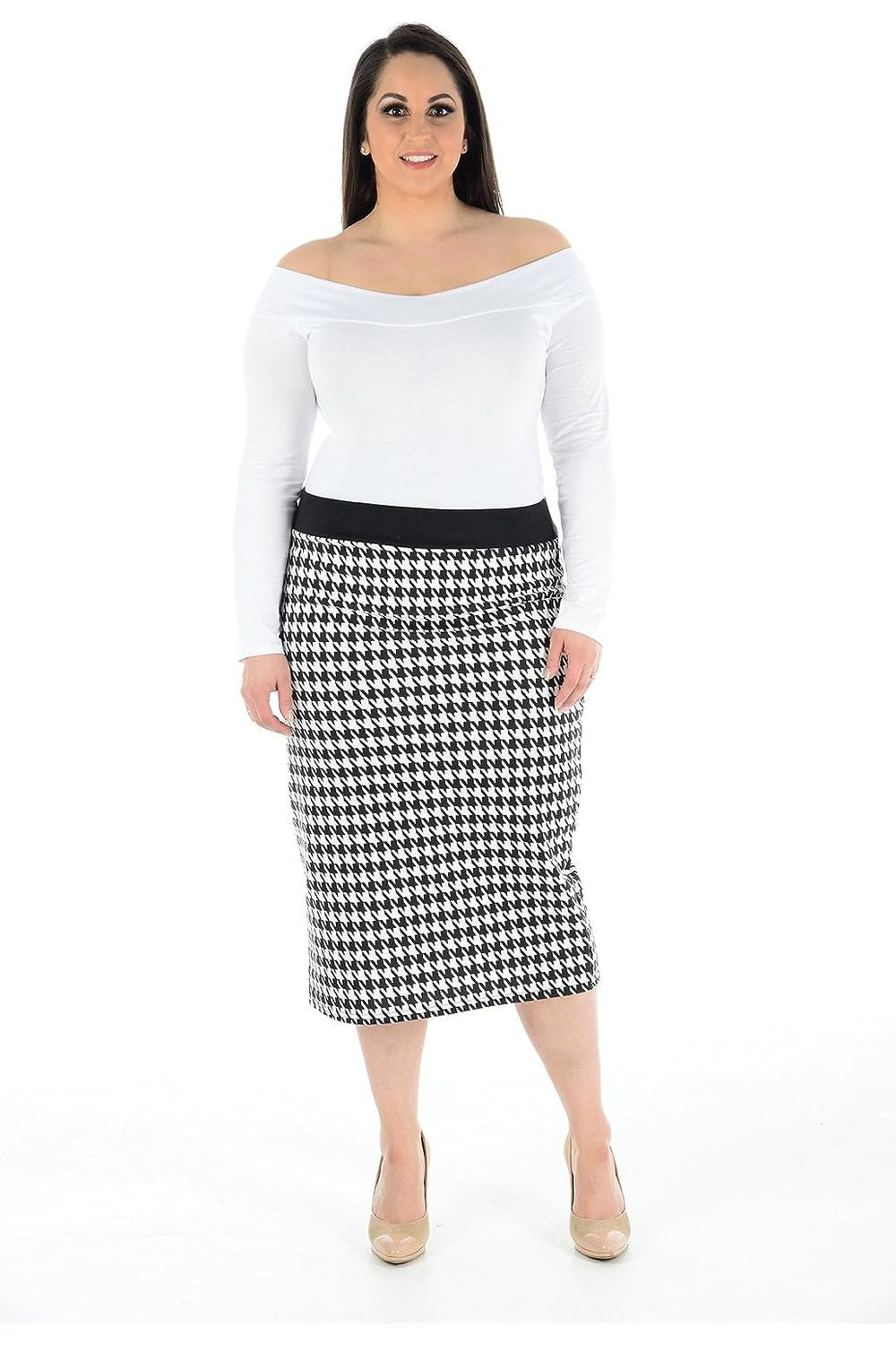 Plus Size Midi Skirt Dogtooth Apparel & Accessories WearAll Black 12-14