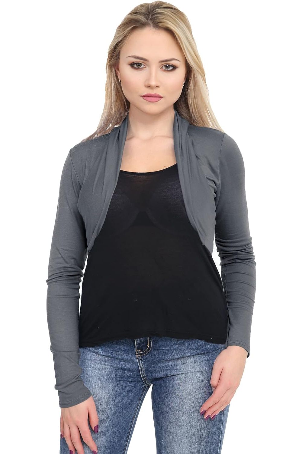 Long Sleeve Crop Bolero Shrug Tops WearAll Dark grey 8-10