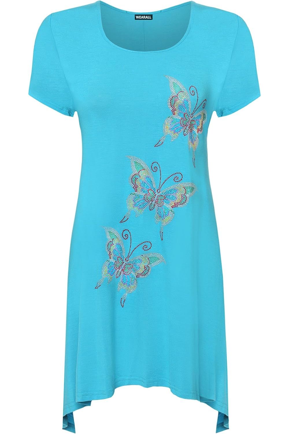 Three Butterfly Hanky Hem Short Sleeve Top Apparel & Accessories WearAll Turquoise 14