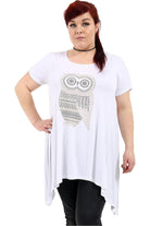 Owl Diamante Stud Hanky Hem Short Sleeve Top Apparel & Accessories WearAll White 14
