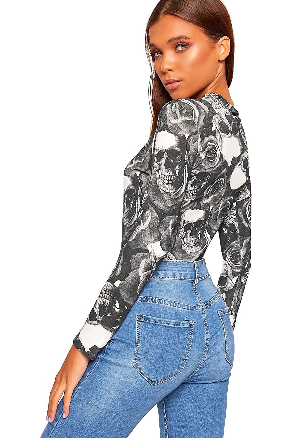 Plus Size Long Sleeve Bodysuit Turtle Neck Skull And Roses Bodysuit WearAll