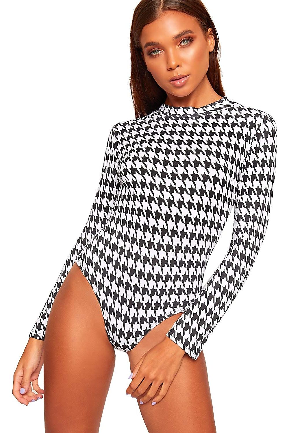 Plus Size Long Sleeve Bodysuit Turtle Neck Dogtooth Bodysuit WearAll
