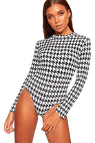 Plus Size Long Sleeve Bodysuit Turtle Neck Dogtooth Bodysuit WearAll