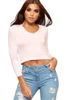 V Neck Long Sleeve Crop Top Tops WearAll Pink 8-10