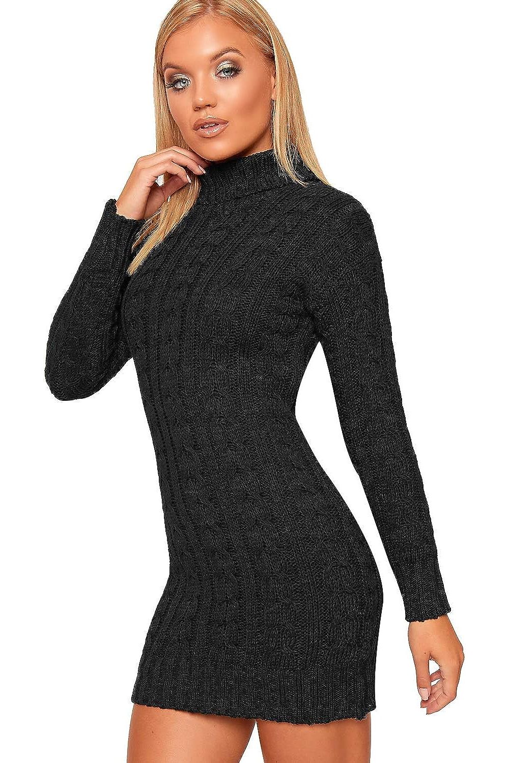 Plus Size Polo High Neck Cable Knitted Jumper Dress Dress WearAll