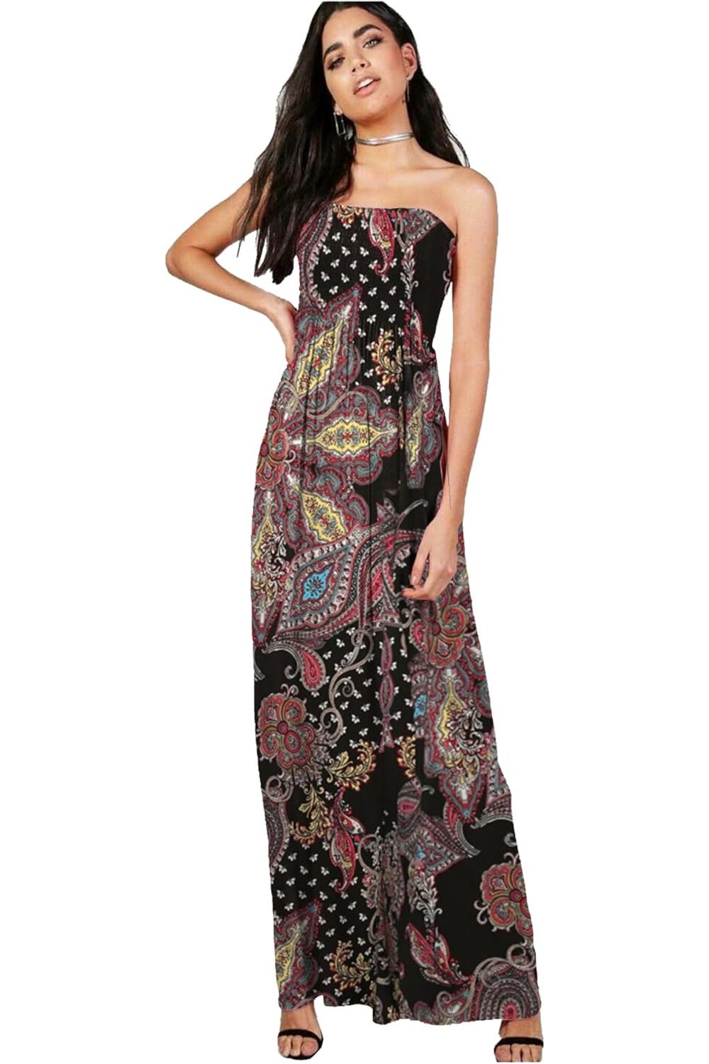 Plus Size Wine Paisley Print Strapless Sheering Maxi Maxi Cardigan WearAll Wine Paisley 16-18