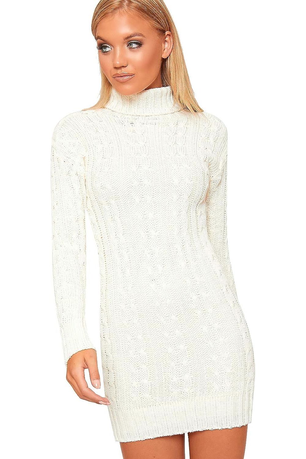 Plus Size Polo High Neck Cable Knitted Jumper Dress Dress WearAll Cream 16-18
