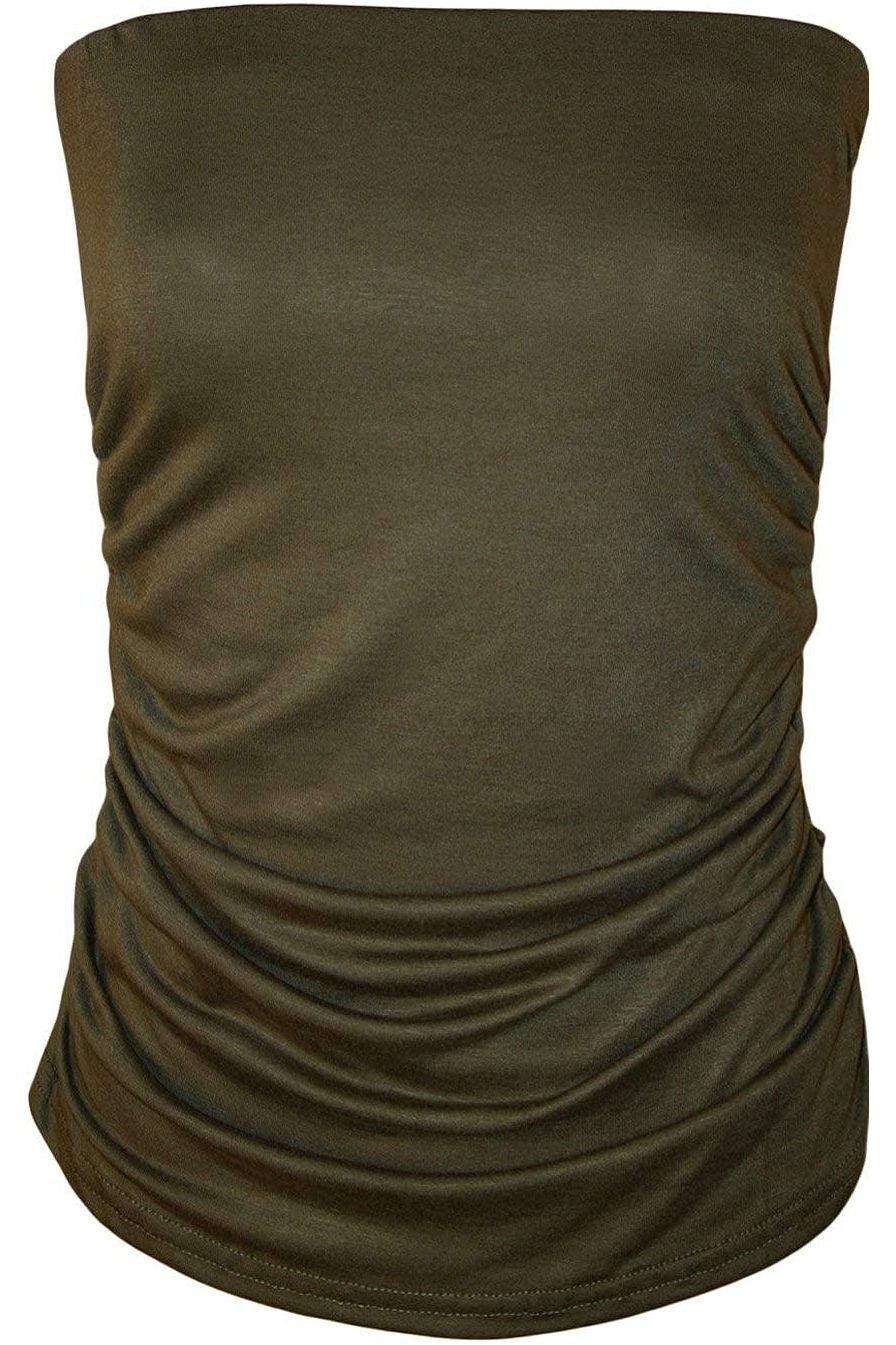 Plus Size Side Ruched Boob Tube Bandeau Top BraTop WearAll Khaki 16-18