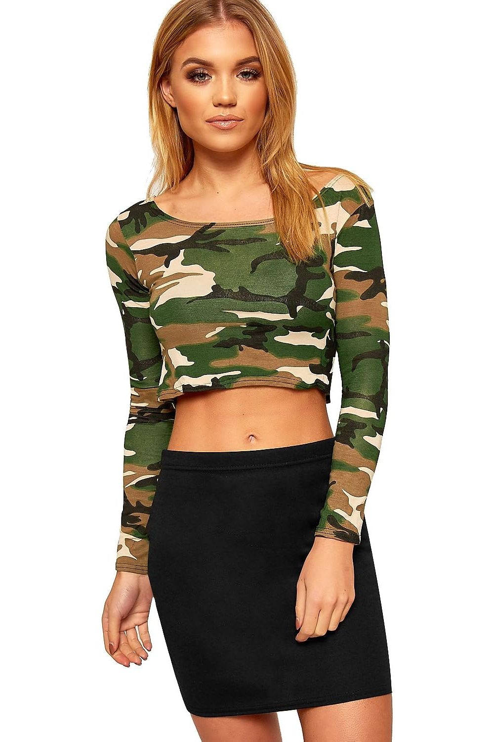 Long Sleeve Printed Crop Tops - Army, Aztec, Skull Rose, Black & White Tops WearAll Camouflage 8-10