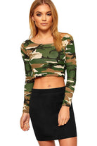 Long Sleeve Printed Crop Tops - Army, Aztec, Skull Rose, Black & White Tops WearAll Camouflage 8-10