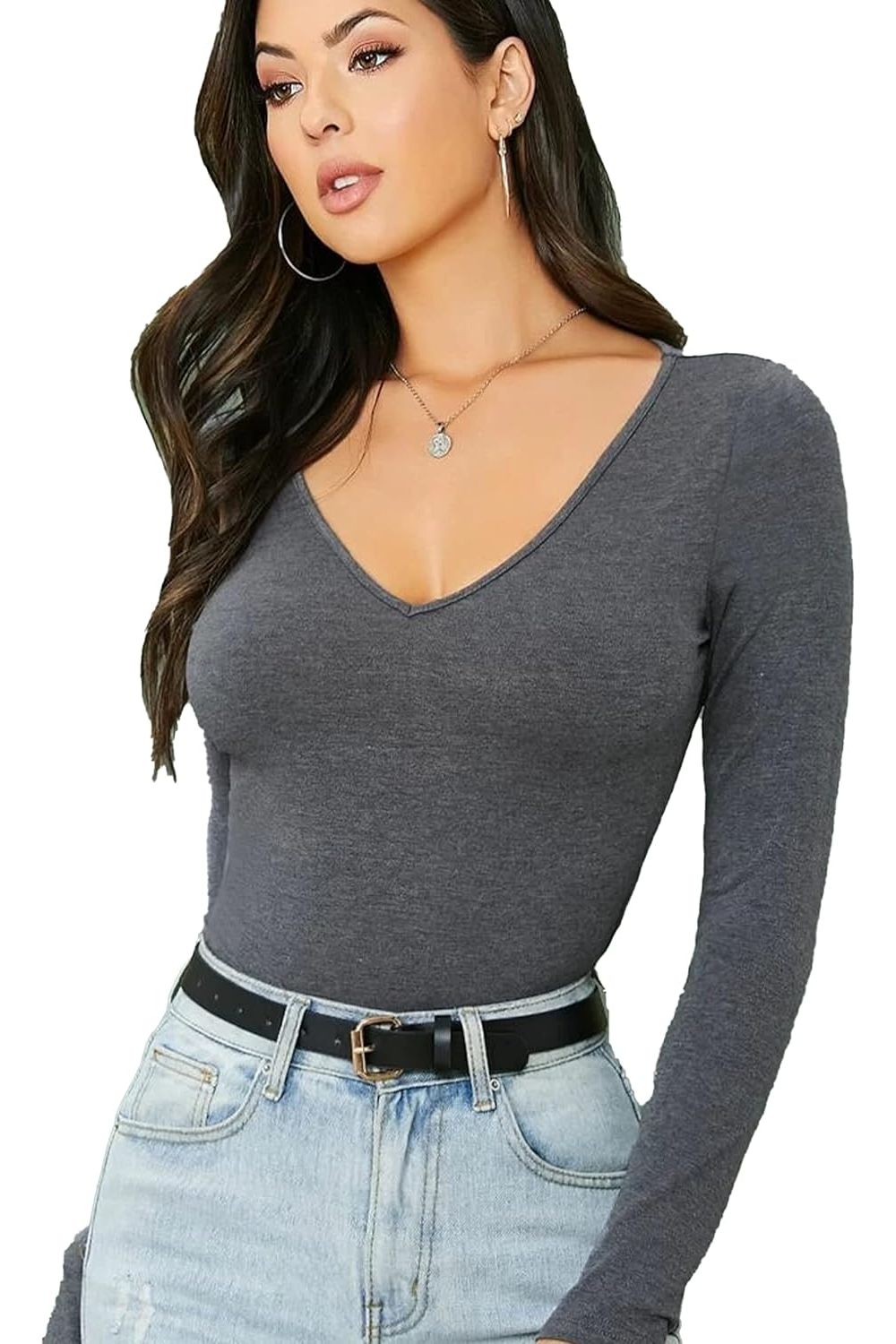 Long Sleeve V Neck Top Tops WearAll Dark Grey 8-10