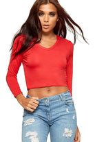 V Neck Long Sleeve Crop Top Tops WearAll Red 8-10