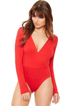 Wrap Over V Neck Plunge Long Sleeve Bodysuit Bodysuit WearAll Red 12-14