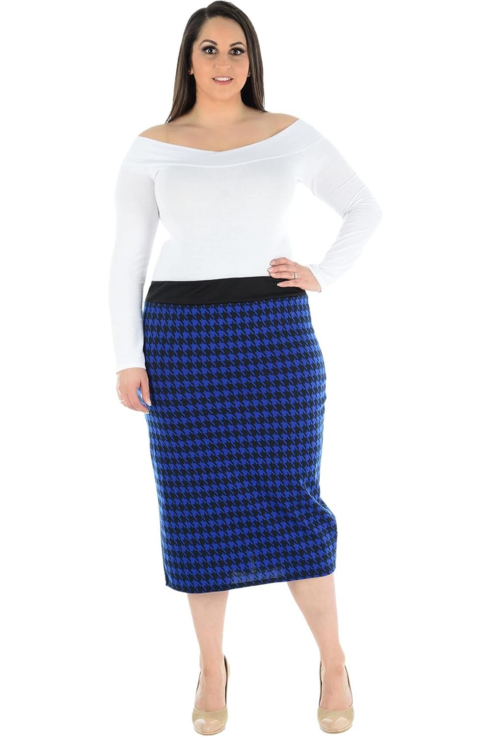 Plus Size Midi Skirt Dogtooth Apparel & Accessories WearAll Blue 12-14