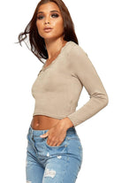 V Neck Long Sleeve Crop Top Tops WearAll