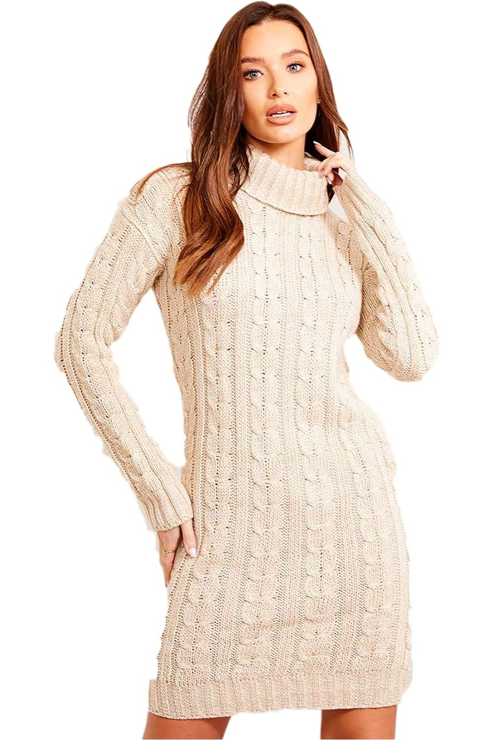 Plus Size Polo High Neck Cable Knitted Jumper Dress Dress WearAll Stone 16-18