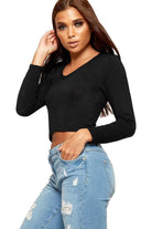 V Neck Long Sleeve Crop Top Tops WearAll