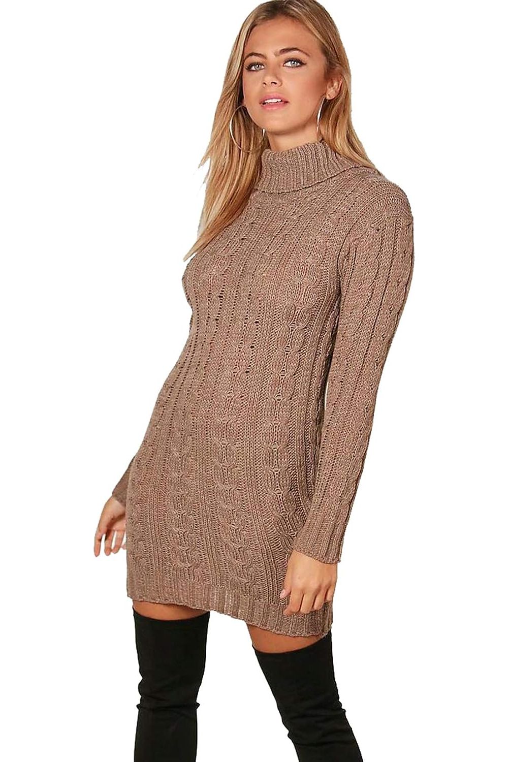 Plus Size Polo High Neck Cable Knitted Jumper Dress Dress WearAll Mocha 16-18