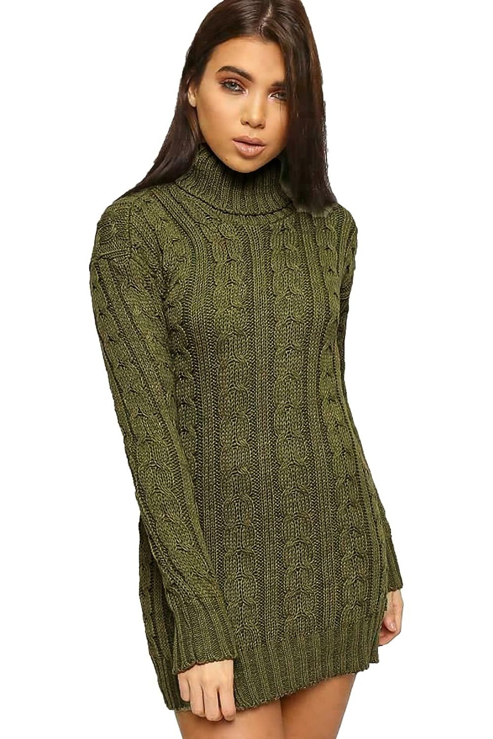 Plus Size Polo High Neck Cable Knitted Jumper Dress Dress WearAll Khaki 16-18