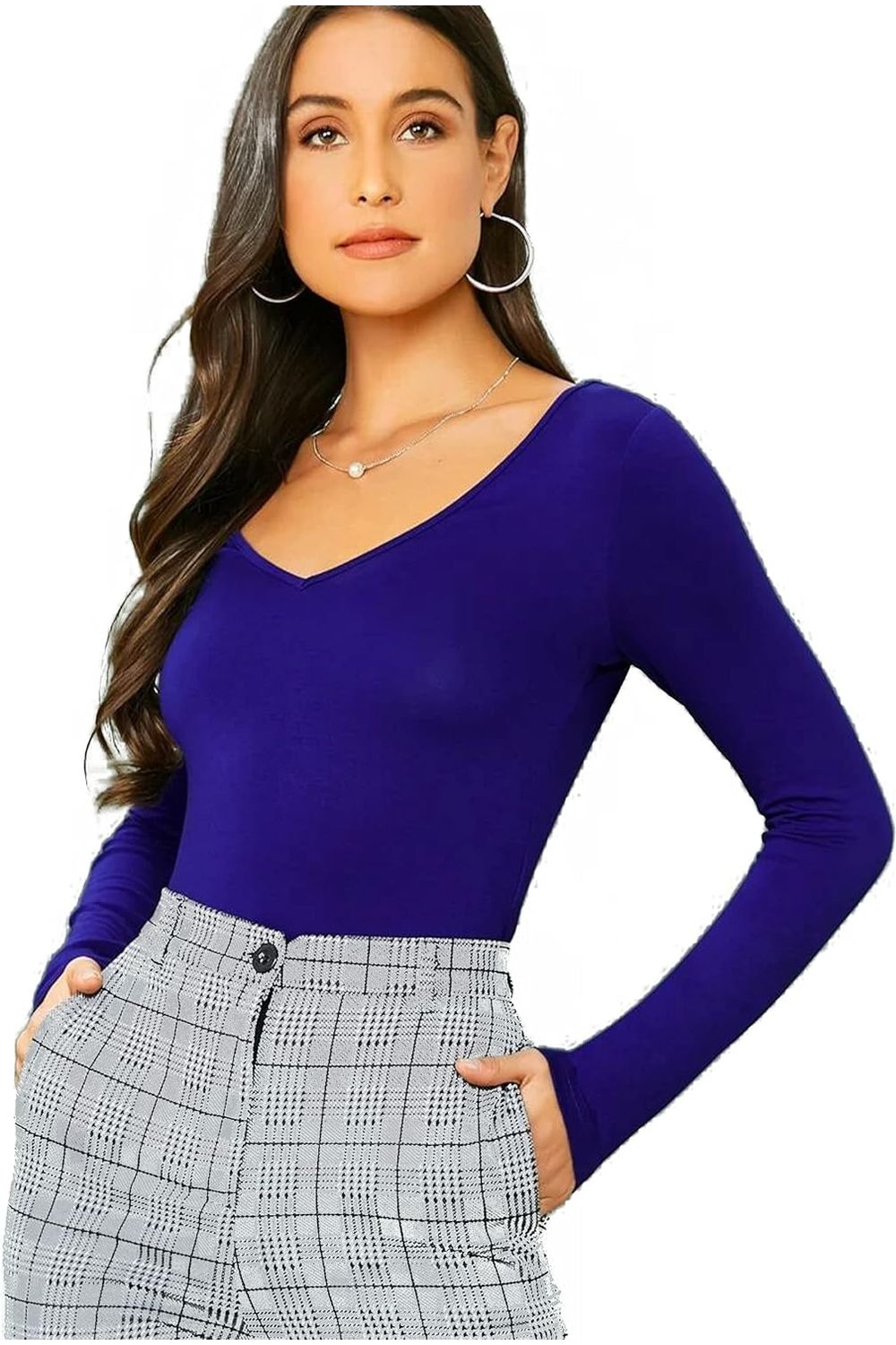 Plus Size Long Sleeve V Neck Top Tops WearAll Royal Blue 16-18