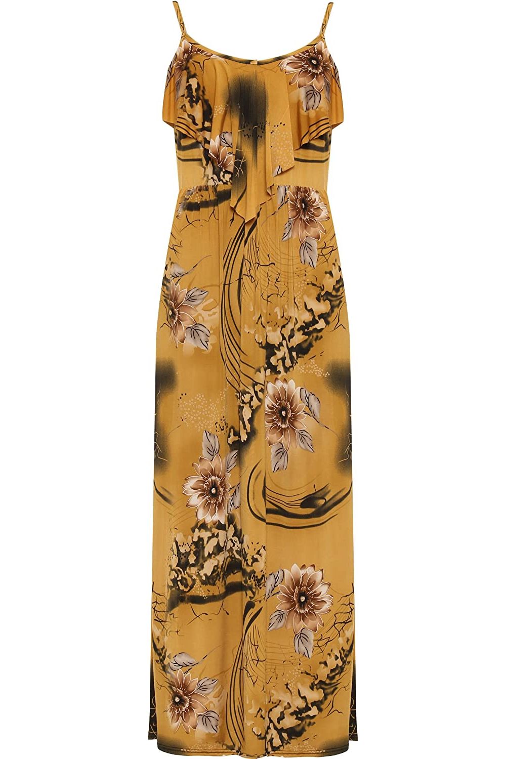 Plus Size Strappy Floral Print Frill Maxi Dress Dress WearAll Camel 14