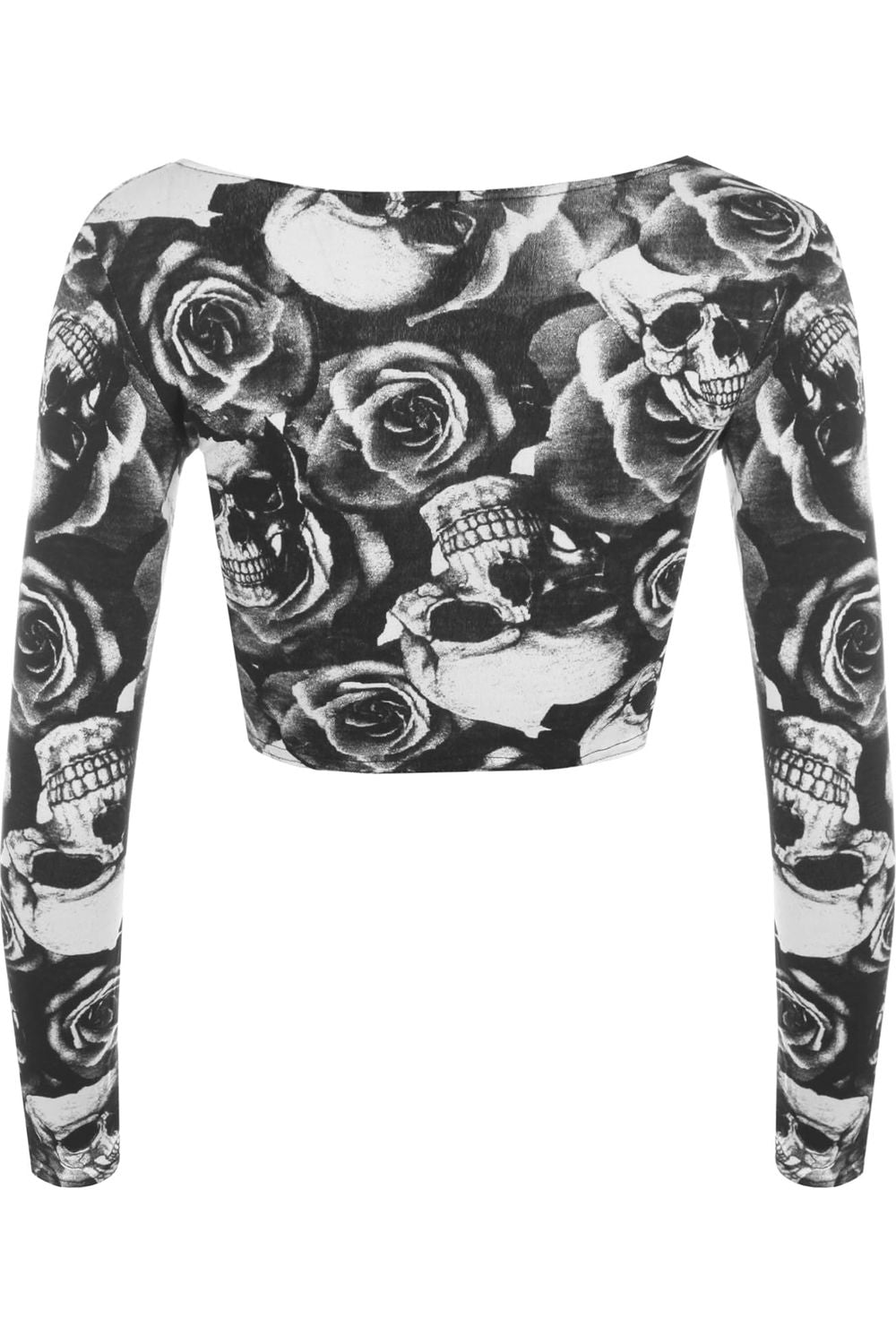 Long Sleeve Printed Crop Tops - Army, Aztec, Skull Rose, Black & White Tops WearAll