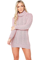 Plus Size Polo High Neck Cable Knitted Jumper Dress Dress WearAll Baby Pink 16-18