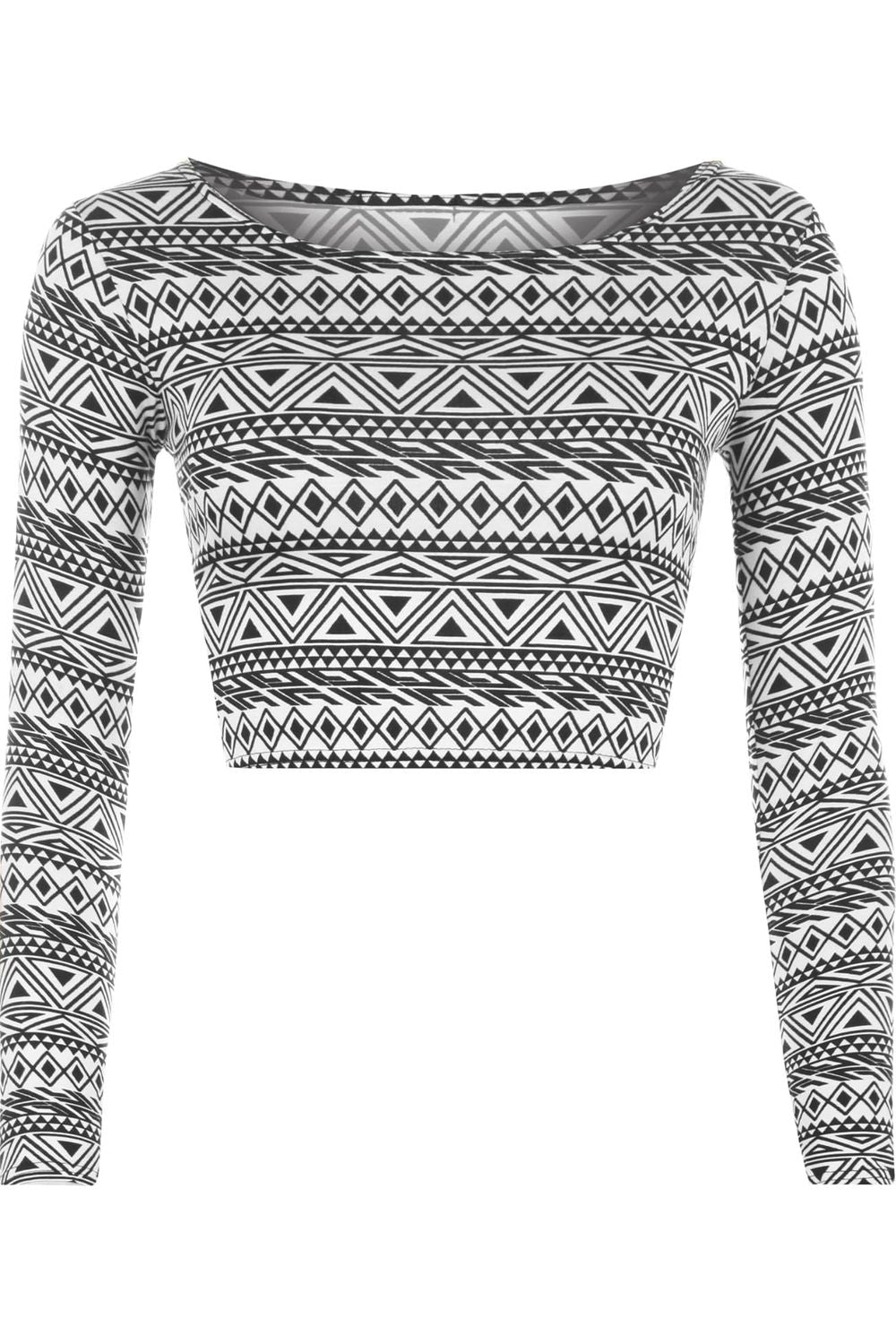 Long Sleeve Printed Crop Tops - Army, Aztec, Skull Rose, Black & White Tops WearAll Aztec 8-10