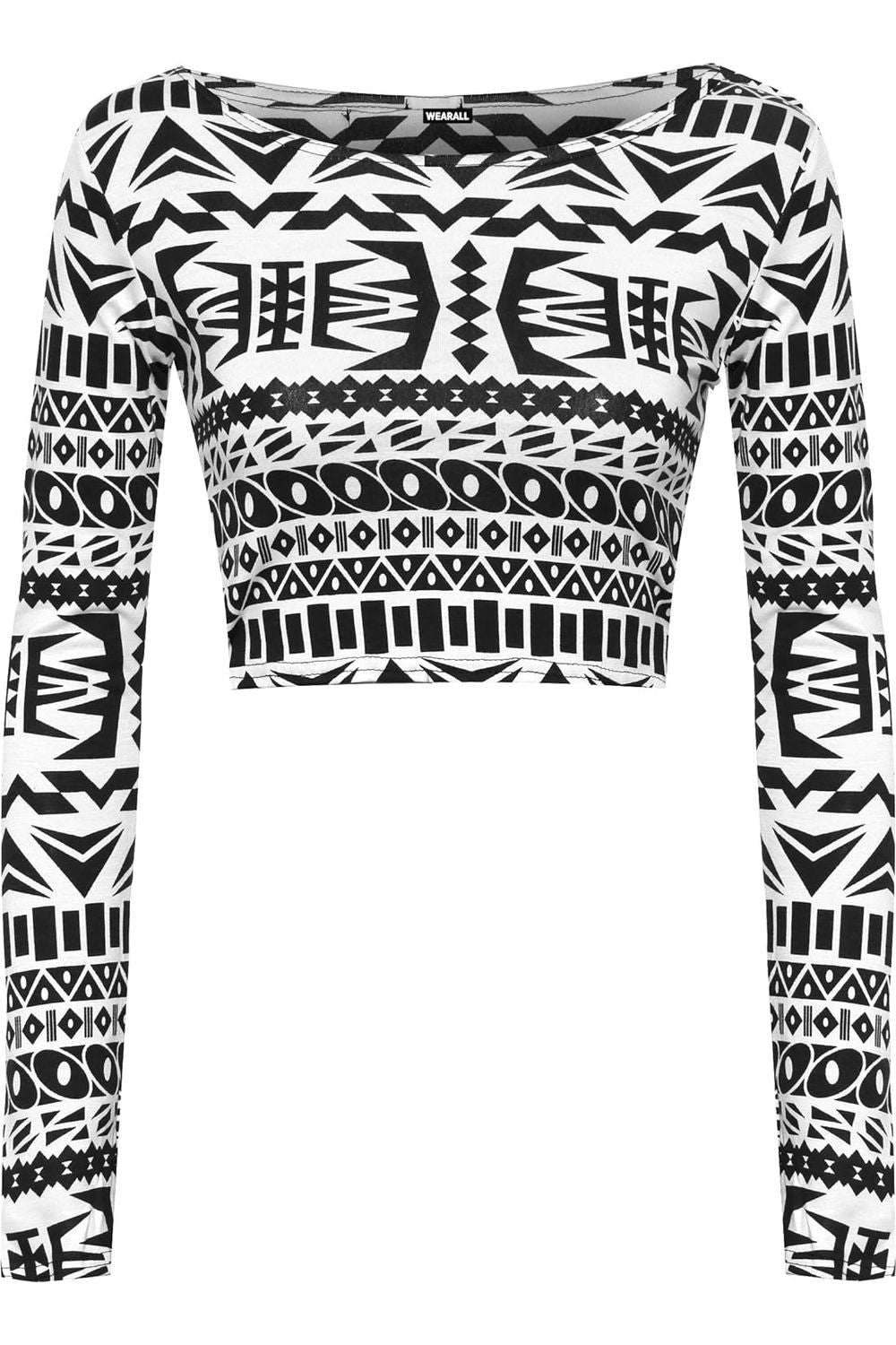 Long Sleeve Printed Crop Tops - Army, Aztec, Skull Rose, Black & White Tops WearAll Black White 8-10