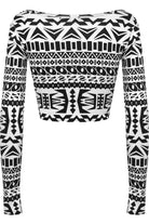 Long Sleeve Printed Crop Tops - Army, Aztec, Skull Rose, Black & White Tops WearAll