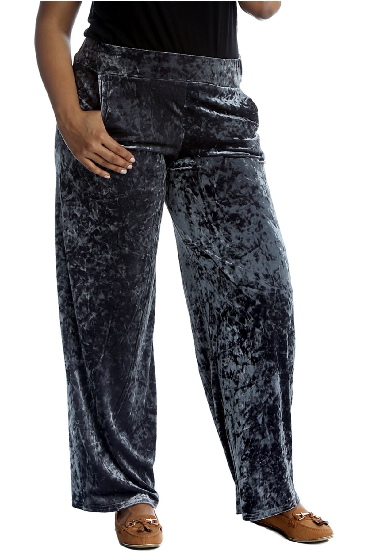 Velour Velvet Wide Flared Leg Pocket Palazzo Palazzo WearAll Grey 12-14